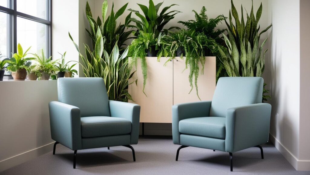 dwa turkusowe fotele w gabinecie pełnym doniczek z roślinami