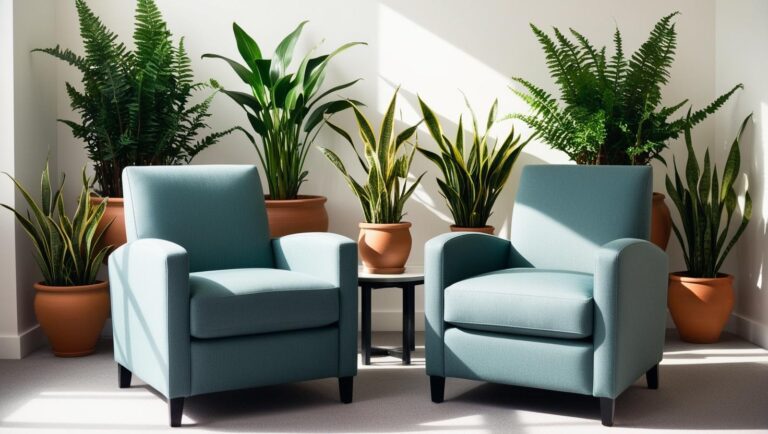 dwa turkusowe fotele w gabinecie pełnym doniczek z roślinami