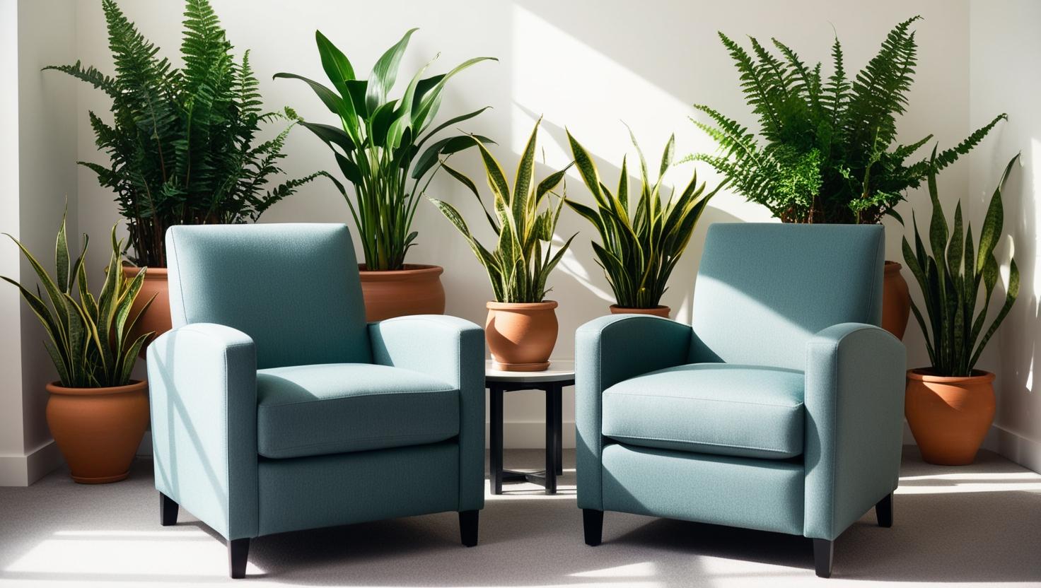 dwa turkusowe fotele w gabinecie pełnym doniczek z roślinami