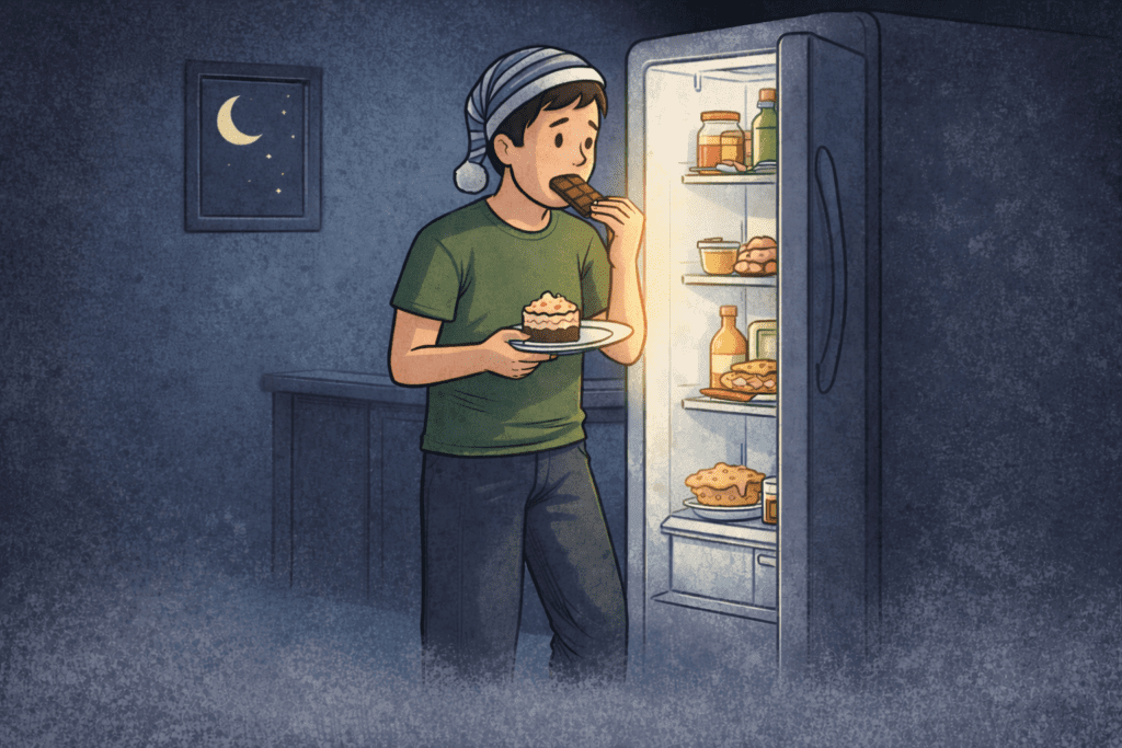 Chłopak podjadający ciastka z lodówki w nocy.